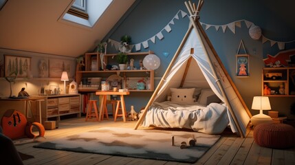 Cozy interior of child room. Natural, bright kid's bedroom interior with wooden furniture, designer accessories 
