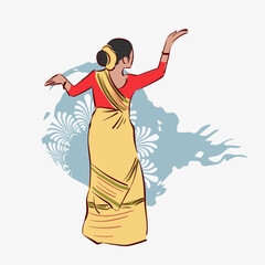 Assam state India Bihu ethnic indian woman girl dance traditional sketch isolated decorative