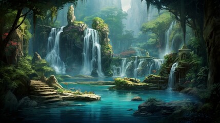 A peaceful waterfall surrounded by lush vegetation, with the water fading from crystal clear to aqua.