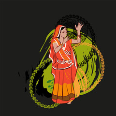 Bihar state India kajari ethnic indian woman girl dance traditional sketch isolated decorative