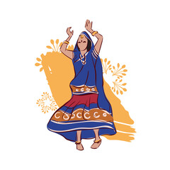 Gujarat state India ethnic indian woman girl dance traditional sketch isolated decorative