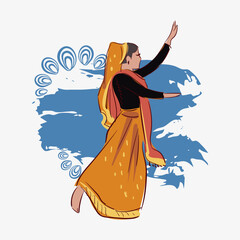 Uttarakhand state India ethnic indian woman girl dance traditional sketch isolated decorative