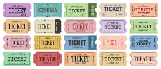 Vector set of admit one tickets template. Ticket for cinema,movie,circus,theater,film,festival,casino,club,music etc. Event admission, entrance pass set .Vector illustration - obrazy, fototapety, plakaty