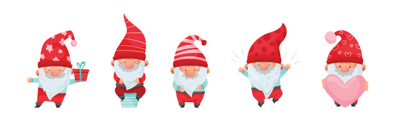 Fantastic Gnome Character with White Beard and Red Pointed Hat Vector Illustration Set