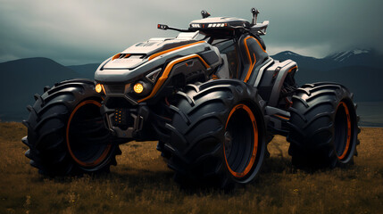 Futuristic Tractor Hyperrealistic 3D-Style Concept. Driving across the field and harvesting.