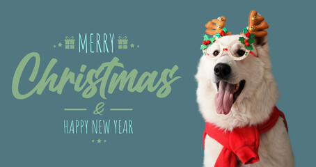 Greeting banner for New Year and Christmas with funny dog