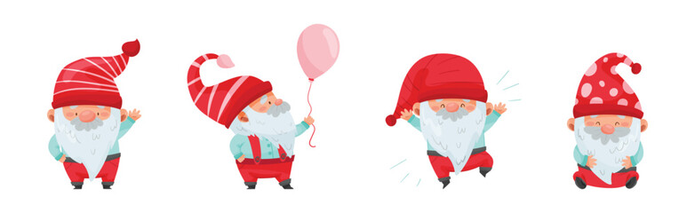 Fantastic Gnome Character with White Beard and Red Pointed Hat Vector Illustration Set