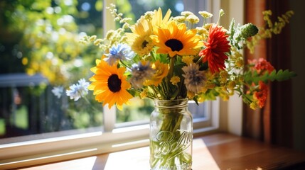 a picturesque arrangement featuring a blend of sunflowers, daisies, and wildflowers in a mason jar on a sunlit windowsill.
