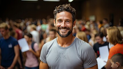Smiling man in crowd, emanating confidence amid bustle.