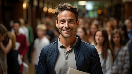 Smiling man in crowd, emanating confidence amid bustle.