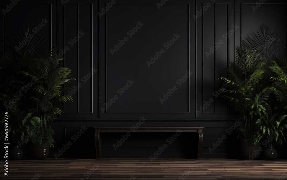 Wall mural black wall mock up in classic interior with wooden bench.