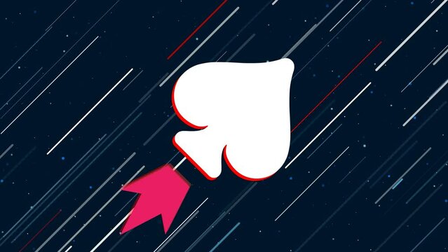 Spade flies through the universe on a jet propulsion. The symbol in the center is shaking due to high speed. Seamless looped 4k animation on dark blue background with stars