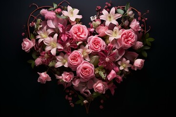 Enchanting pink floral arrangement on heart shape against dark backdrop. Generative AI
