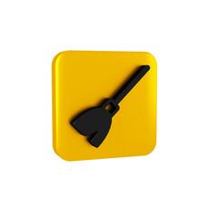 Black Handle broom icon isolated on transparent background. Cleaning service concept. Yellow square button.