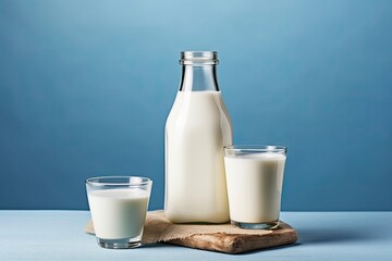 A bottle of milk and a glass of milk on a wooden table on a blue background.