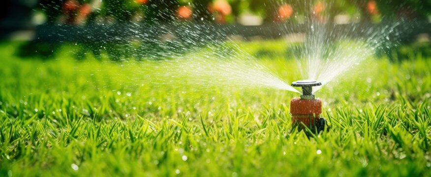 Automatic garden lawn sprinkler in action watering grass.