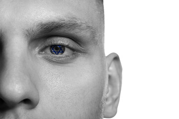 Naklejka premium Young man with reflection of American flag in eye, closeup