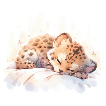 A sleepy baby leopard in a bedding, watercolor illustration.