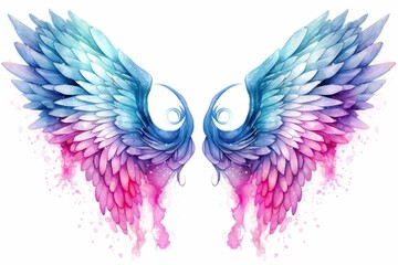 Beautiful magic watercolor blue pink wings.