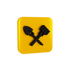 Black Shovel and rake icon isolated on transparent background. Tool for horticulture, agriculture, gardening, farming. Ground cultivator. Yellow square button.