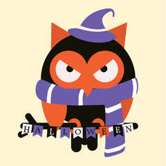 Halloween  Illustration with Owl and Magic Hat, Scarf,Decoration