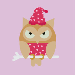 Love  Illustration with Owl and Hat,Sweater with Pattern Heart