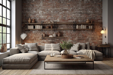 Rustic interior design of modern living room with grey sofas.