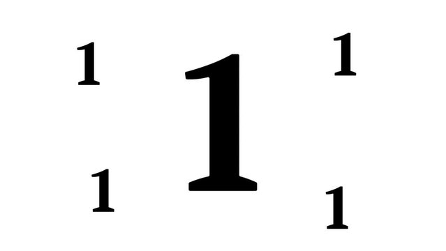 Zoom in and out animation the number one symbol. Large black symbol in the center and four small symbols around. Seamless looped 4k animation on white background
