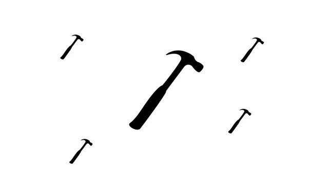 Zoom in and out animation the hammer symbol. Large black symbol in the center and four small symbols around. Seamless looped 4k animation on white background