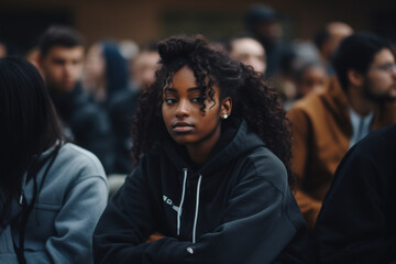  A black college student sits in a group lecture - obrazy, fototapety, plakaty
