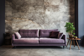 Velvet sofa against stone paneling wall. Interior design of modern living room.