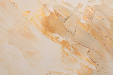 Art oil and acrylic smear blot canvas painting stucco wall. Abstract texture white, beige, gold glitter color stain brushstroke relief grain texture background