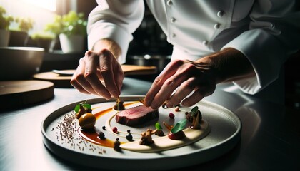 Obraz na płótnie Canvas A chef meticulously prepares a gourmet meal.