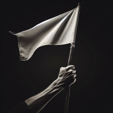 Close Up Arm Holding Stick With A White Flag On Black Background. Ai Generative