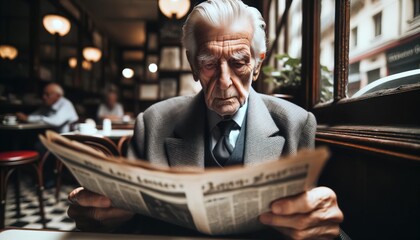 Old man reading newspaper in old time cafe.