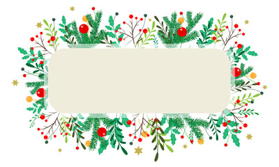 background of christmas tree branches and christmas toys with place for text. Winter holiday background for web designs, greeting fliers and invitation with text place.