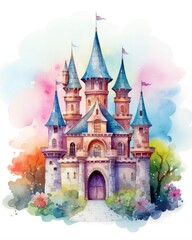 Colorful watercolor kawaii castle isolated on white background.