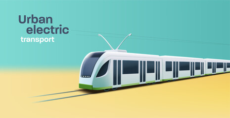 City transport. Modern Tram or train 3d illustration on the rails, urban public transport - obrazy, fototapety, plakaty