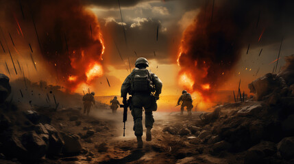 Back view of Soldier fighting scene on war and fire and smoke background.