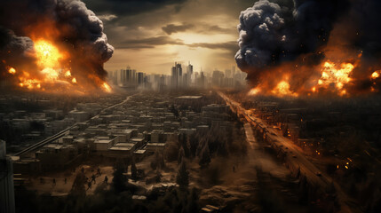Conceptual image of Warfare with burning cityscape in the background