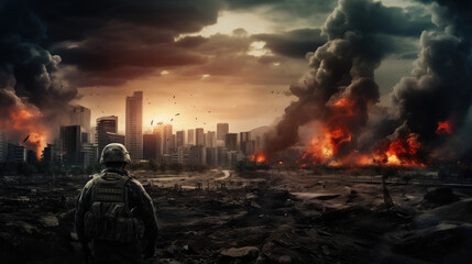 Image of soldier standing in front of burning city.