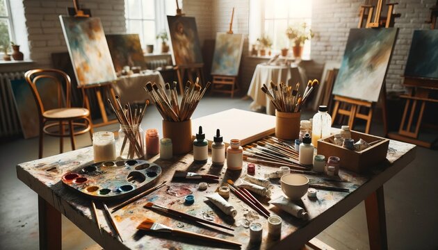 This is a view of an artist's studio, illuminated by natural light, displaying paints, brushes, and unfinished works of art.