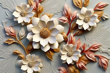 Elegant colorful 3d flowers with leaves on a tree illustration background.