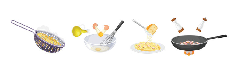 Pasta Cooking Process with Frying, Mixing in Bowl and Colander Vector Set