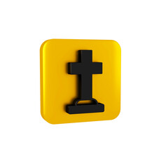 Black Tombstone with cross icon isolated on transparent background. Grave icon. Happy Halloween party. Yellow square button.
