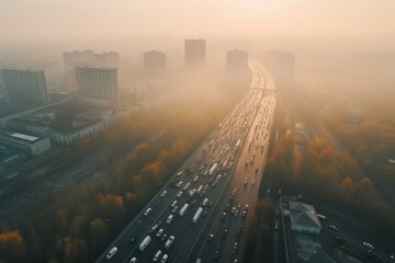 Fototapeta na wymiar Air-polluted city with congested highways. Smoky exhaust fumes from traffic. Energy consumption and pollution. Aerial view. Generative AI