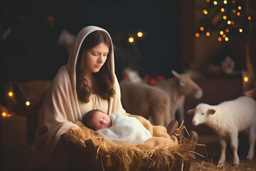 Traditional nativity scene, birth of Jesus in Bethlehem, the baby Jesus in a manger