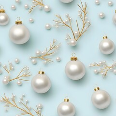 Fototapeta premium White Christmas balls with golden ornaments on pastel blue background seamless pattern.
