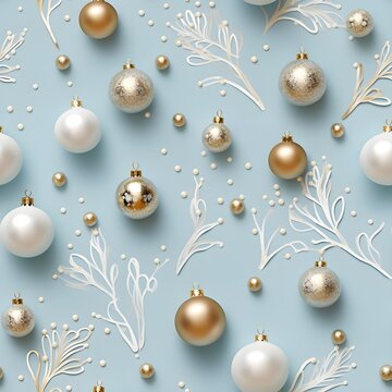 White Christmas balls with golden ornaments on pastel blue background seamless pattern.