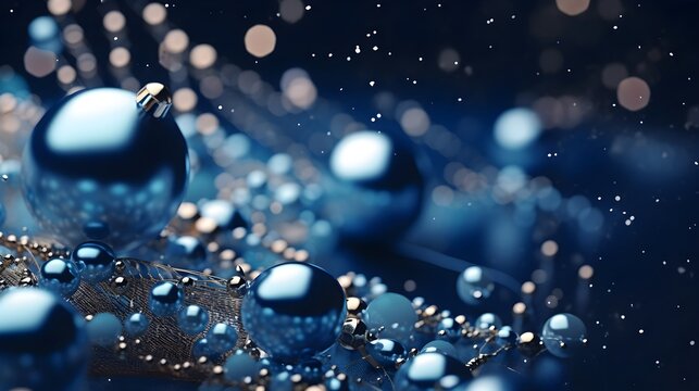 Christmas Balls With Golden Confetti And Bokeh. Festive Dark Blue Background.